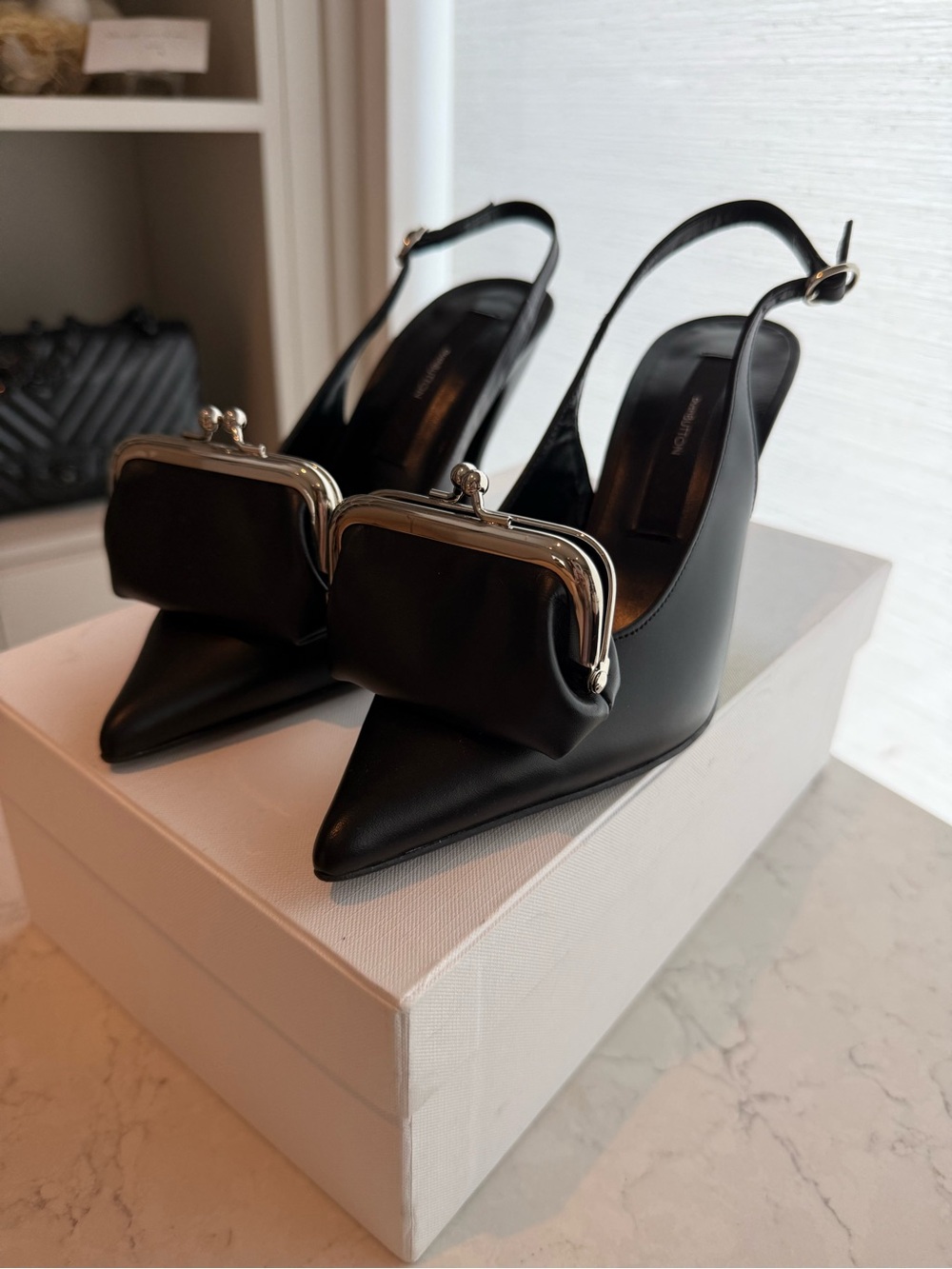 Rare Pushbutton Coin Purse Pointed Slingback Heels, 36.5/US 6